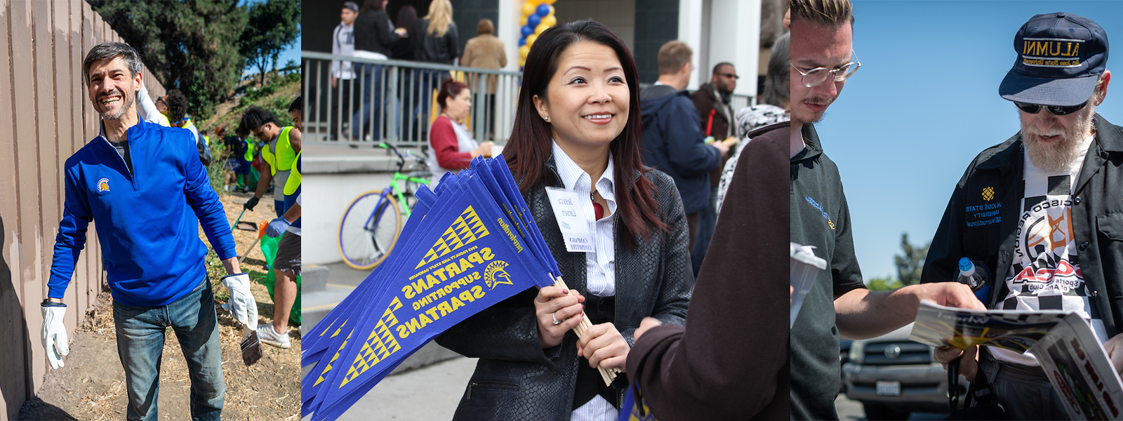 Triptych of Alumni talking to people and engaging in volunteer activities